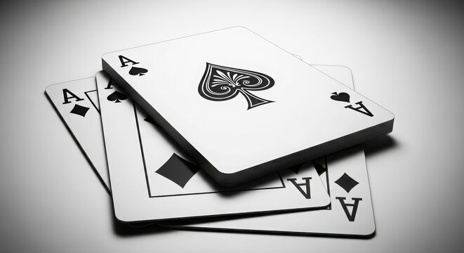 Playing cards spread with ace of spades and joker on white surface