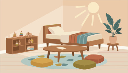 Minimalist wooden living room set with piano bench and armchair © Fahim