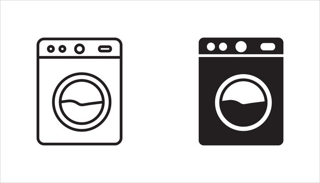 Washing machine icons are arranged. Washing machine icon set, Solid washer design and line markings. Washing machine symbols
