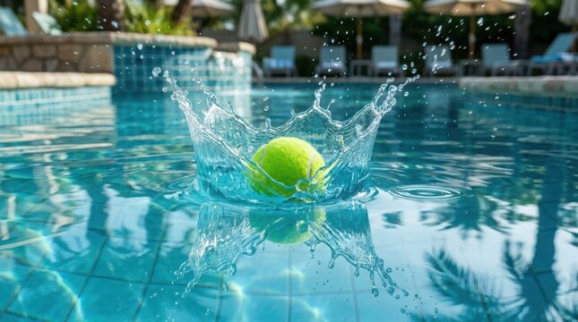 Tennis ball splashing into blue swimming pool water with droplets