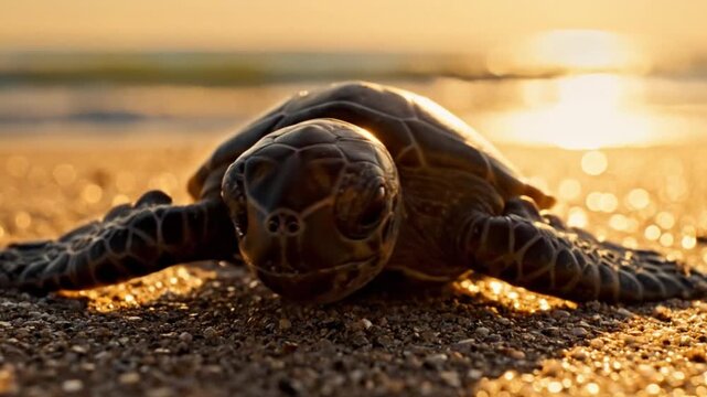 A lone turtle crawls across a sandy beach at golden hour sunset