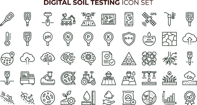 Digital soil testing icon set for smart agriculture monitoring precision farming and environmental analysis systems