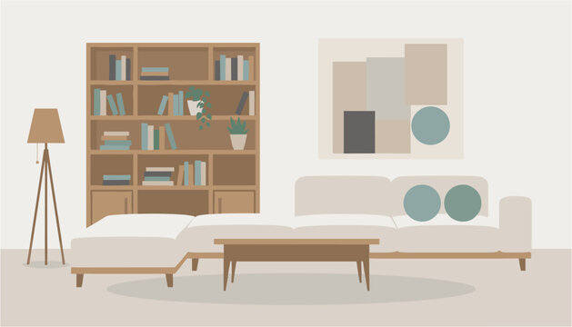 Minimalist bedroom interior with bookshelf and cozy bed setup