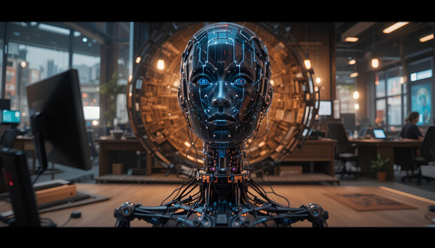 Robot head features a metallic dark surface with intricate glowing blue optical components positioned in the center of a busy modern technology development office space with workstations.
