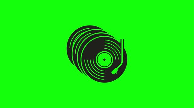 Vintage record player and stack of vinyl records on green screen background