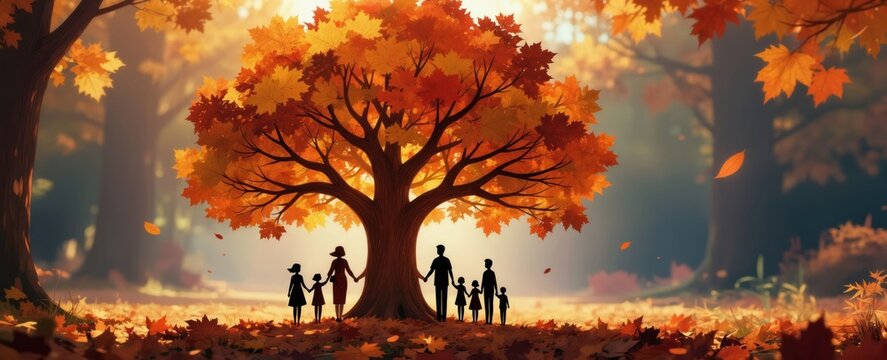 Family silhouettes stand under large autumn tree with orange leaves. Parents and kids hold hands on ground covered in fallen foliage. Generations connect with nature beauty during fall.