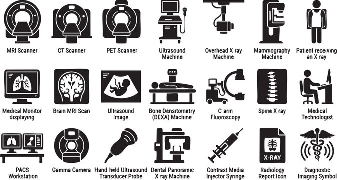 Medical diagnostic equipment icons collection including MRI CT PET ultrasound mammography x-ray machines and technologist for healthcare services