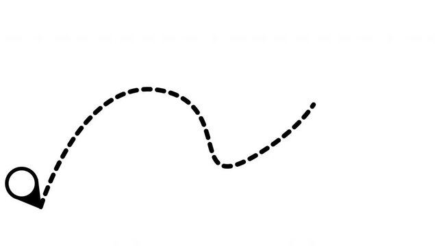 Minimalist plane travel track with destination icon, black location pin and dotted line for travel route concept on white background, seamless loop video, 4k animation.