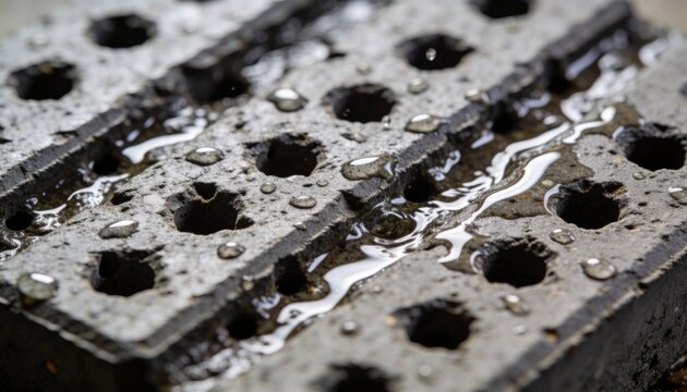 Close up of permeable paving stone with water droplets. Sustainable urban design for drainage and water management. Wet perforated concrete brick texture