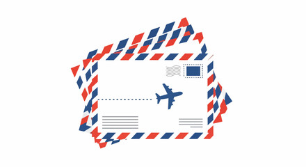 Fototapeta premium Stack of International Airmail Envelopes with Airplane Icon and Striped Borders Isolated on White Background - Vector Illustration for Global Communication and Logistics