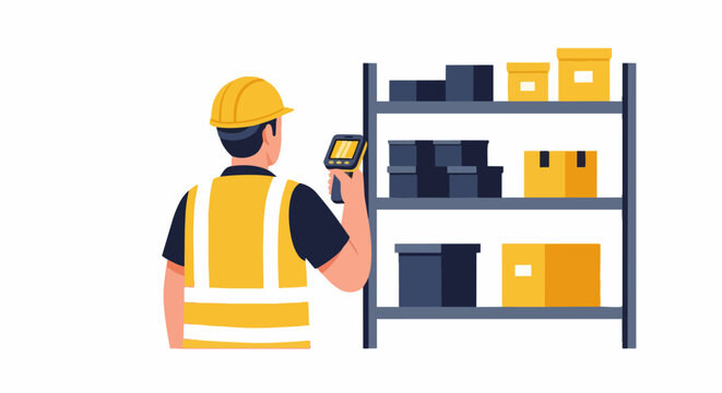 Warehouse worker in safety vest and hard hat scanning inventory boxes on a shelf, flat vector illustration of logistics and stock management concept.