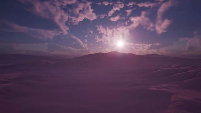 3d render Moody purple desert dusk with clouds, imagined field researcher mood sweeping across deep shadows and magenta skies, dramatic cloudscapes and cinematic depth, slow panoramic reveal