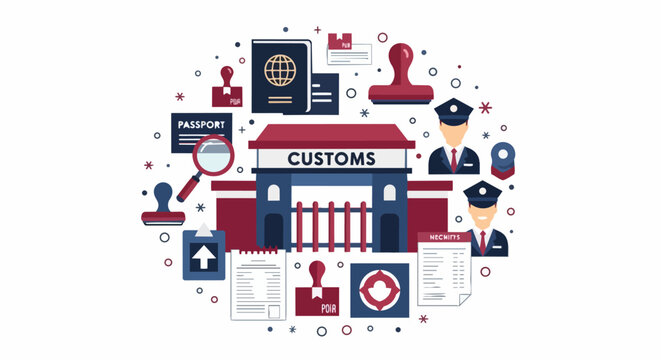 Customs and Border Control Vector Illustration Set with Travel Documents, Passports, Stamps, and Officers for International Immigration and Global Logistics Concept