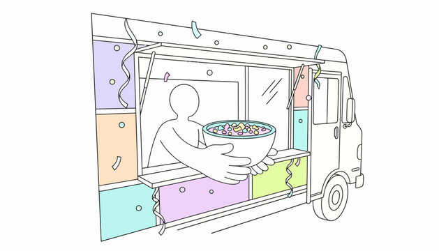 Flat 2D vector illustration of a person serving a large bowl of colorful cereal from a pastel food truck window with festive confetti and streamers at a slanted dutch tilt angle.