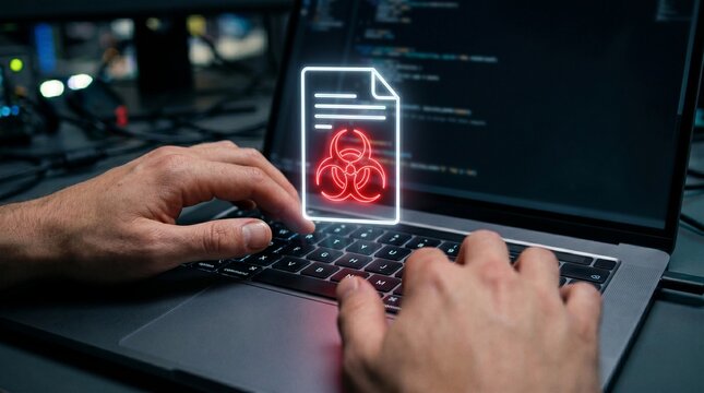 Cybersecurity professional confronts critical data breach, malware, or virus threat on a laptop, displaying a glowing red biohazard symbol and coding on screen