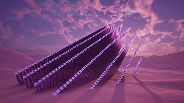 3d render landscape, cubes Abstract geometric forms casting elongated shadows at sunrise in surreal environment. Highly stylized scene of massive purple blocks creating rhythmic patterns in vaporwave