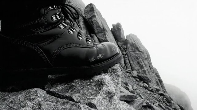 Black and white close up of a hiking boot on a rocky mountain terrain in foggy weather