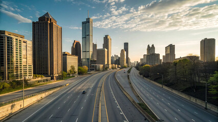 Obraz premium Wide angle photograph of a vast metropolitan skyline viewed from an empty multi lane highway