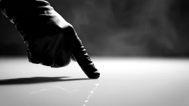 Dramatic black leather gloved hand pointing down onto a reflective surface with mysterious smoky background
