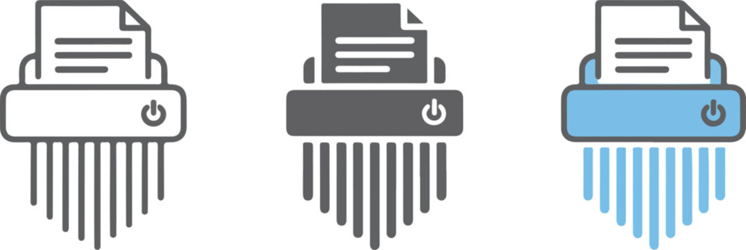 Minimalist paper shredder icon set featuring outline solid and colorful flat vector illustrations for document security privacy protection and office data destruction