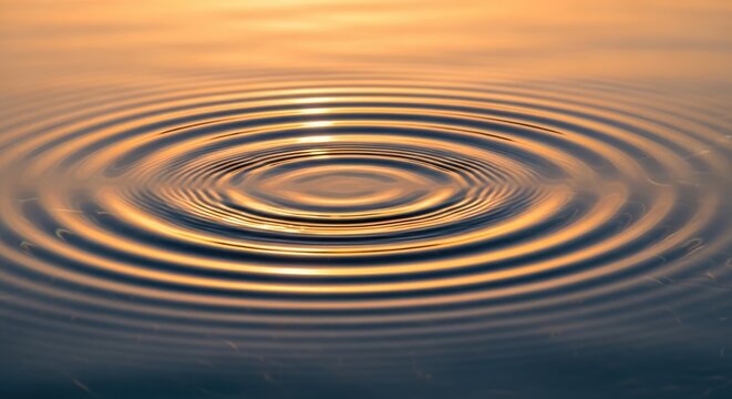 Abstract water ripples with golden hour reflections creating a serene and calming circular wave pattern on liquid surface.
