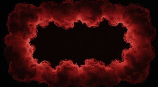 Red smoke swirls form an abstract frame against a black background. This ethereal mist creates a dynamic border for text or images, perfect for dramatic design elements.