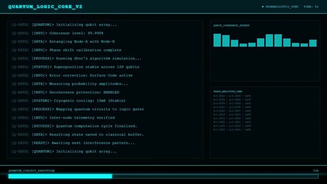 Quantum Logic Core Advanced Computing Process with Qubit Coherence States and Physics Algorithm Simulation Digital Interface Animation.