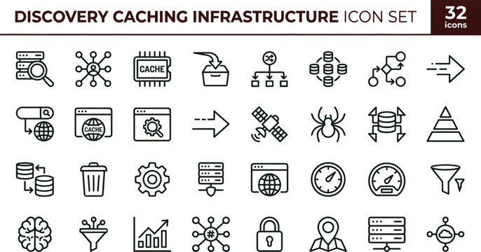 Discovery caching infrastructure icon set for distributed database systems cloud platforms and software performance optimization workflows