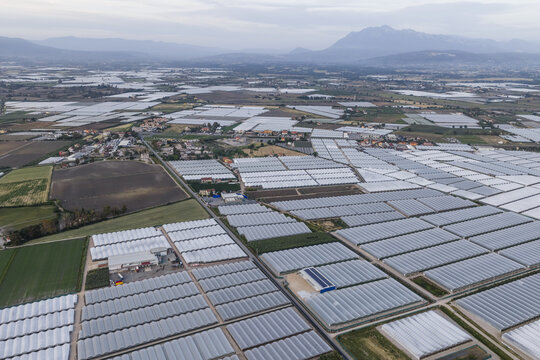 Aerial view of vast agricultural fields covered with white greenhouses and rural houses under a cloudy sky near the mountains in Paestum, Campania, Italy.