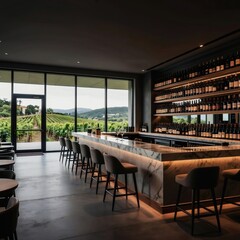 Obraz premium Modern wine bar offers seats near marble counter with bottles displayed on shelves. Large windows show green vineyard rows. Evening ambiance with soft lighting perfect for drinks.