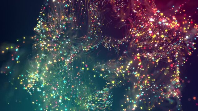 3d render particles Magenta and teal cosmic bloom with shimmering micro sparks and swirling motion. Dreamlike celestial particles form luminous nebula with shimmering micro sparks and slow swirling