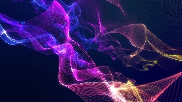 3d render VJ loop. Spectacular cosmic vista with luminous waves and shimmering nighttime colors. Dynamic cosmic panorama featuring glowing particles and flowing neon hues across expansive celestial