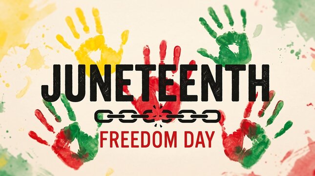 Colorful painted hands holding juneteenth freedom day sign on textured background