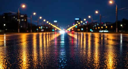 Obraz premium City street lights reflecting on wet asphalt at night