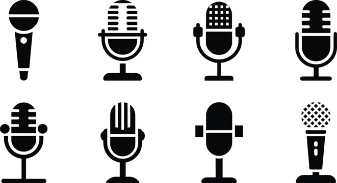 Retro black white mic icon set for live audio podcast