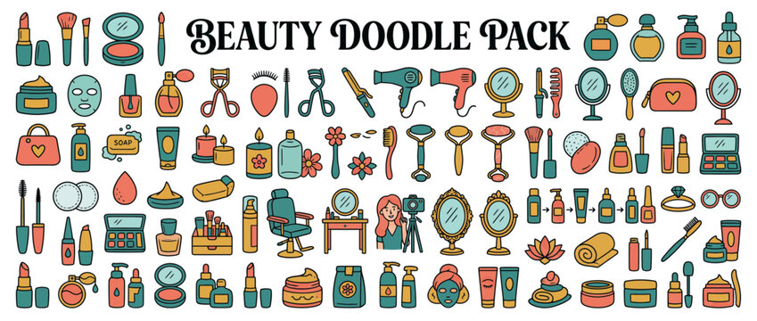 Colorful beauty doodle pack illustrations.