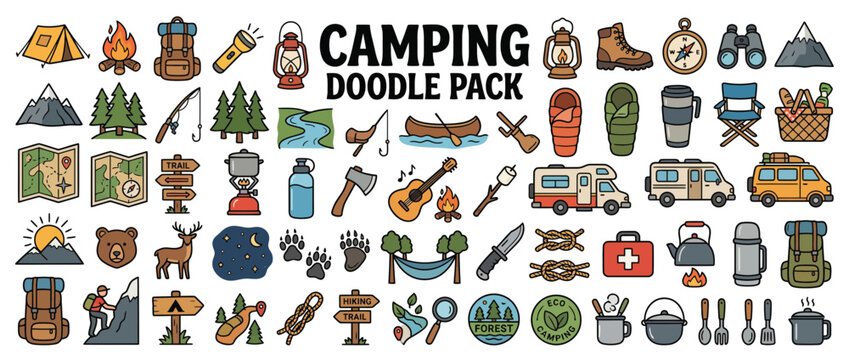 Camping doodle pack with various icons.