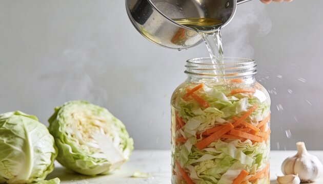 Pouring hot brine into a glass jar with shredded cabbage and carrots. Homemade sauerkraut preparation process. Fermented vegetables and healthy probiotic food concept