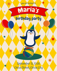 Naklejka premium Cute circus penguin birthday invitation card for kids, colorful carnival party invite template with balloons and harlequin background
