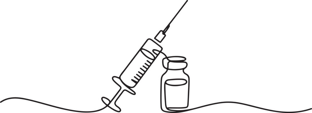 One continuous line drawing of medicine set with syringe and vial. Pharmaceutical components and vaccine symbol in simple linear style.one line Art icon drawing vector