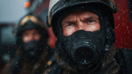 Fototapeta premium A determined firefighter is seen wearing a protective mask, focused on the task at hand while rain cascades around him, capturing the essence of bravery and commitment.