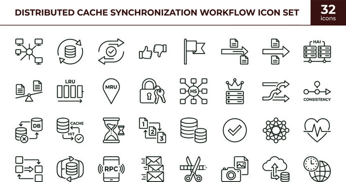 Distributed cache synchronization workflow icon set for database replication systems cloud infrastructure and software performance monitoring