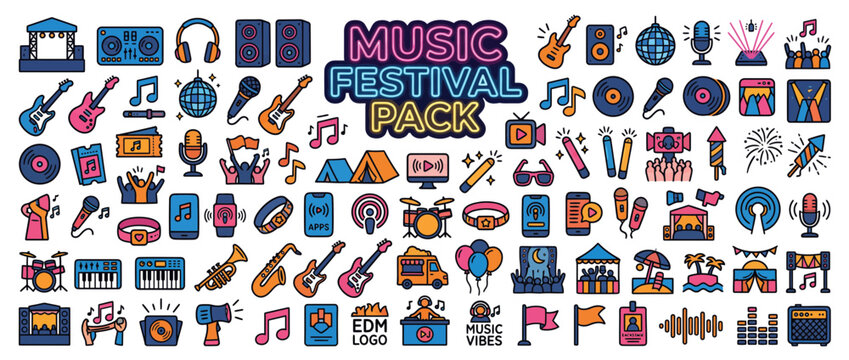Colorful music festival sticker icons set.