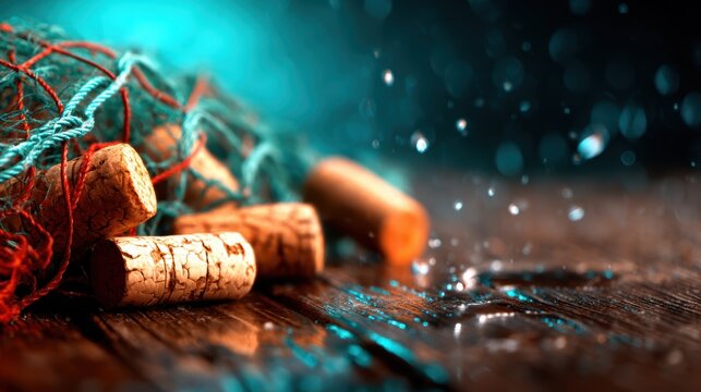 A visually captivating still life featuring wine corks entangled in netting, with splashes of water droplets enhancing the composition's elegance and artistic appeal.
