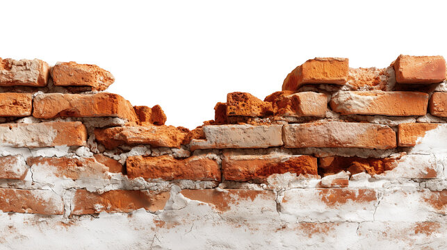 A crumbling brick wall with transparent background and orange bricks stacked