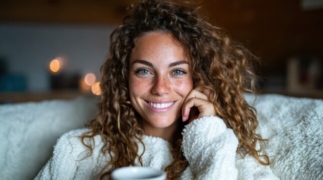 A joyful young woman is smiling with a coffee mug while sitting comfortably, radiating warmth and happiness in a cozy environment with soft lighting.
