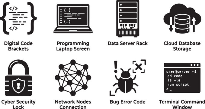 Coding, programming and web development icons, set of 8, black and white, digital code, bug, server, database