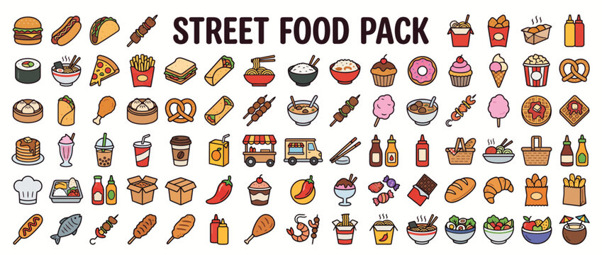 Collection of various street food icons.