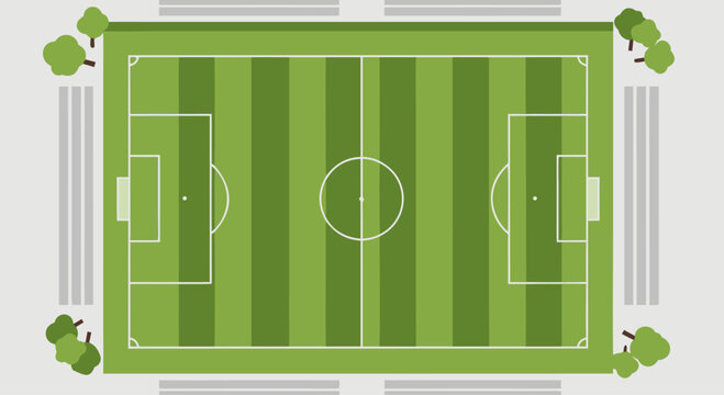 Aerial view of rectangular soccer field with striped grass