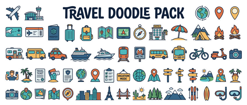 Travel doodle pack icons set.